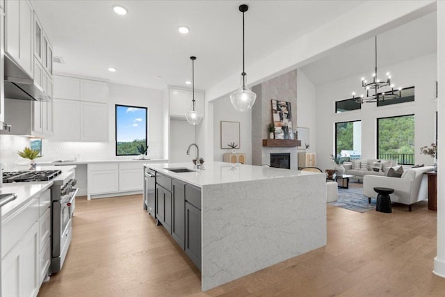 3008 Soldato Way, Leander, TX 78641 - kitchen featuring stainless steel appliances, white cabinetry, light wood-style flooring, recessed lighting, and vaulted ceiling