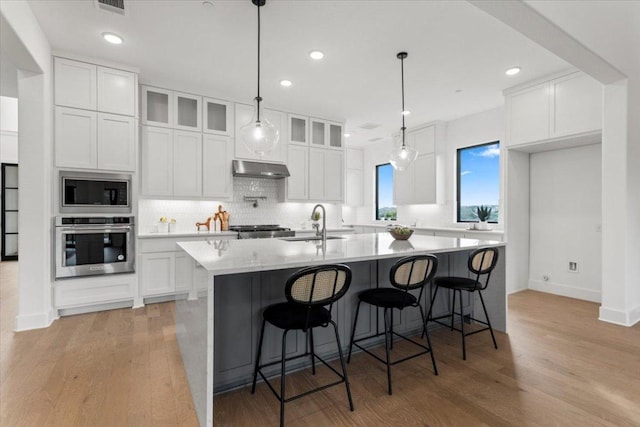 3008 Soldato Way, Leander, TX 78641 - kitchen with appliances with stainless steel finishes, light wood-type flooring, tasteful backsplash, recessed lighting, and white cabinets