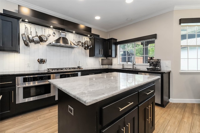 3836 NE Newland Ct, Round Rock, TX 78681 - kitchen featuring appliances with stainless steel finishes, dark cabinets, wall chimney exhaust hood, decorative backsplash, and light wood-type flooring
