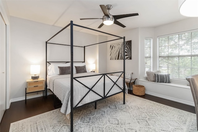 3836 NE Newland Ct, Round Rock, TX 78681 - bedroom featuring wood finished floors, multiple windows, and a ceiling fan