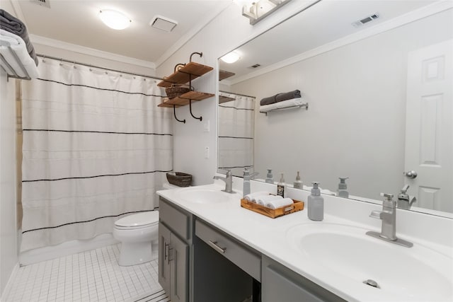 3836 NE Newland Ct, Round Rock, TX 78681 - full bathroom featuring ornamental molding, tile patterned flooring, toilet, double vanity, and shower / bath combination with curtain