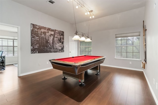 3836 NE Newland Ct, Round Rock, TX 78681 - recreation room featuring wood finished floors, billiards, baseboards, and vaulted ceiling