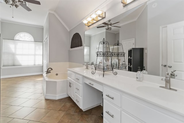 3836 NE Newland Ct, Round Rock, TX 78681 - bathroom featuring a ceiling fan, crown molding, double vanity, tile patterned flooring, and a garden tub