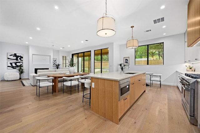 2635 Barton Hills Dr, Austin, TX 78704 - kitchen featuring modern cabinets, appliances with stainless steel finishes, light wood-style floors, healthy amount of natural light, and recessed lighting