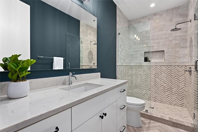 2635 Barton Hills Dr, Austin, TX 78704 - bathroom with vanity, a stall shower, and recessed lighting