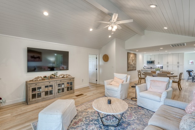 3305 Close Call, Horseshoe Bay, TX 78657 - living area with baseboards, light wood-style flooring, ceiling fan, recessed lighting, and wood ceiling