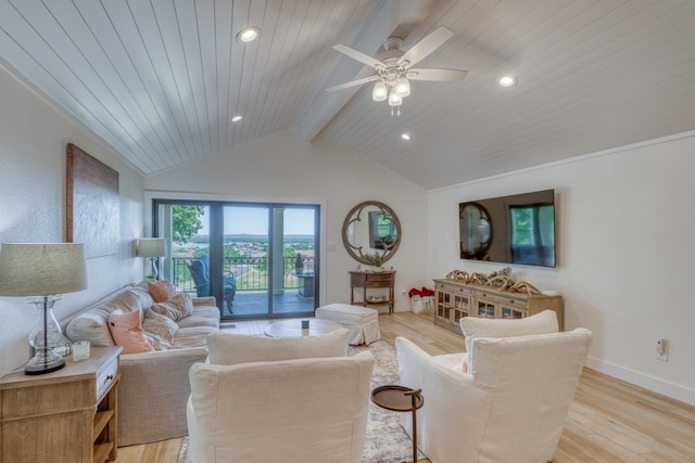 3305 Close Call, Horseshoe Bay, TX 78657 - living room featuring light wood-type flooring, baseboards, recessed lighting, wood ceiling, and a ceiling fan
