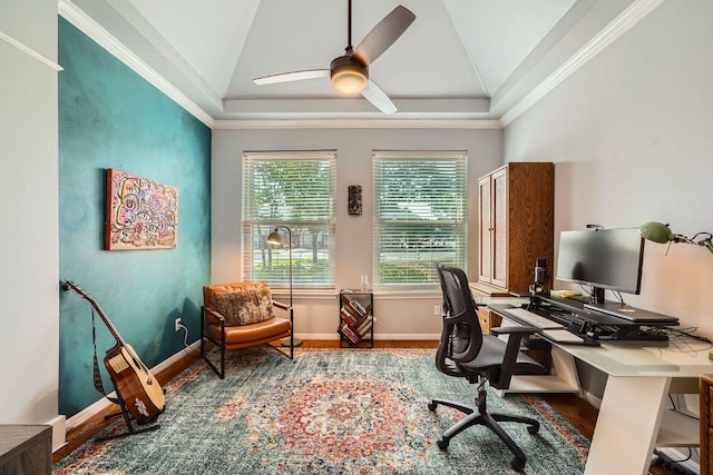 8660 Ephraim Rd, Austin, TX 78717 - office space with healthy amount of natural light, vaulted ceiling, wood finished floors, ceiling fan, and ornamental molding