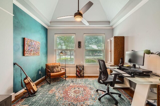 8660 Ephraim Rd, Austin, TX 78717 - office area featuring healthy amount of natural light, lofted ceiling, wood finished floors, a ceiling fan, and ornamental molding