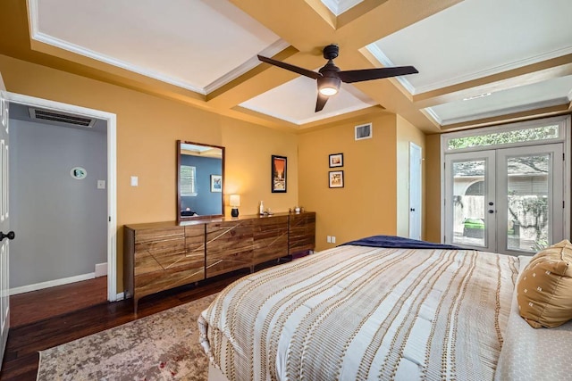 8660 Ephraim Rd, Austin, TX 78717 - bedroom with coffered ceiling, french doors, ornamental molding, access to exterior, and wood finished floors
