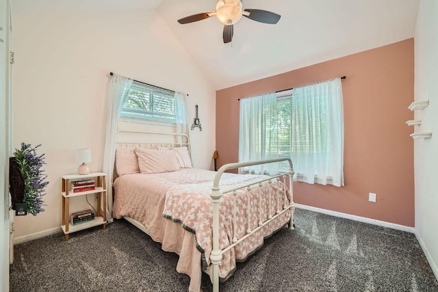 8660 Ephraim Rd, Austin, TX 78717 - bedroom with dark colored carpet, vaulted ceiling, baseboards, and a ceiling fan