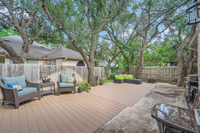 8660 Ephraim Rd, Austin, TX 78717 - wooden terrace featuring outdoor lounge area and a fenced backyard