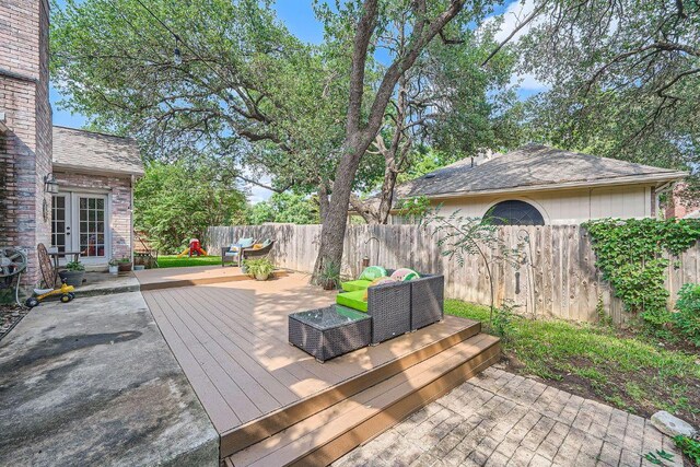 8660 Ephraim Rd, Austin, TX 78717 - deck with french doors, a fenced backyard, and outdoor lounge area