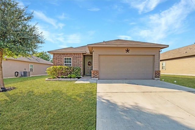 400 Westminster Dr, Kyle, TX 78640 - single story home featuring brick siding, an attached garage, concrete driveway, a front yard, and cooling unit