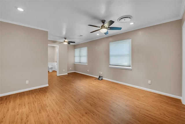 1009 Robertson Ave, Copperas Cove, TX 76522 - empty room featuring ornamental molding, baseboards, ceiling fan, light wood-type flooring, and recessed lighting