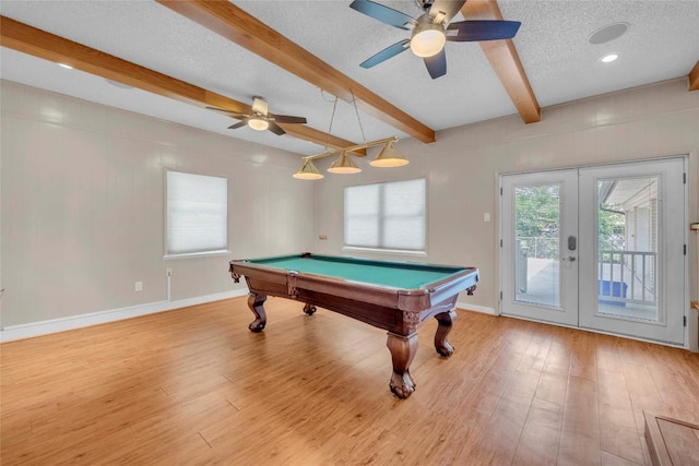 1009 Robertson Ave, Copperas Cove, TX 76522 - rec room featuring french doors, billiards table, beamed ceiling, ceiling fan, and wood finished floors
