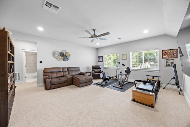 2208 Quarry Loop, Leander, TX 78641 - exercise room featuring carpet flooring, a ceiling fan, and recessed lighting