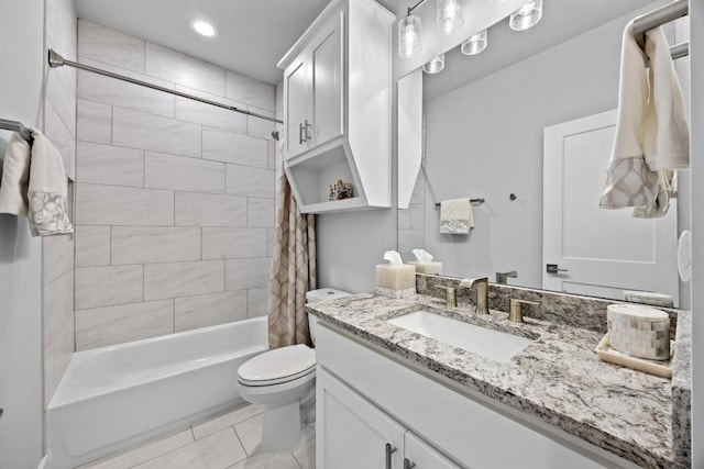 2208 Quarry Loop, Leander, TX 78641 - bathroom with vanity, shower / tub combo with curtain, tile patterned flooring, and recessed lighting