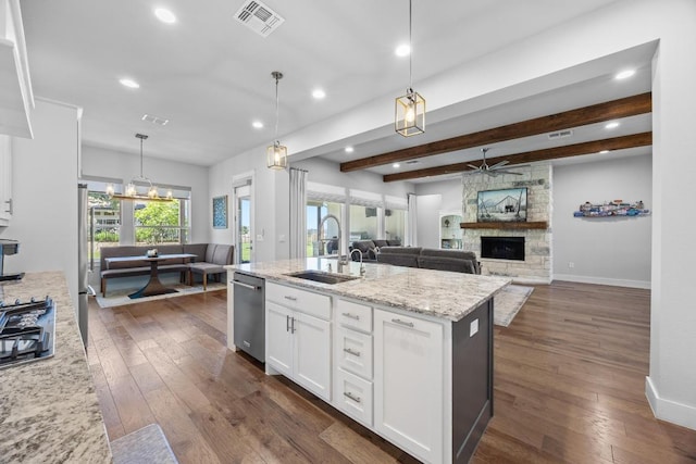2208 Quarry Loop, Leander, TX 78641 - kitchen with stainless steel appliances, a stone fireplace, recessed lighting, white cabinets, and dark wood-style floors