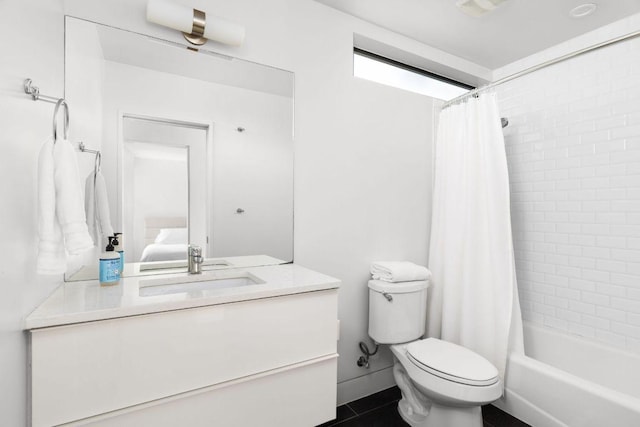 15206 General Williamson Dr, Austin, TX 78734 - bathroom with vanity, shower / bathtub combination with curtain, and tile patterned floors