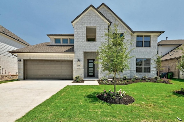 216 Ranchland Pass, Liberty Hill, TX 78642 - view of front of house featuring brick siding, an attached garage, driveway, and a front lawn