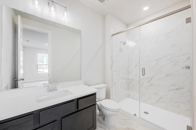 216 Ranchland Pass, Liberty Hill, TX 78642 - bathroom with marble finish flooring, a marble finish shower, and vanity
