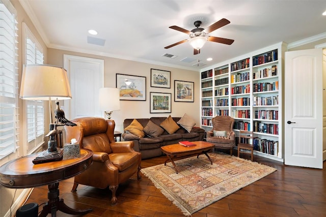 407 Bella Montagna Cir, Austin, TX 78734 - living area with crown molding, hardwood / wood-style flooring, a ceiling fan, and recessed lighting