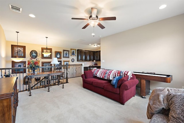 407 Bella Montagna Cir, Austin, TX 78734 - living room featuring light colored carpet, a ceiling fan, and recessed lighting