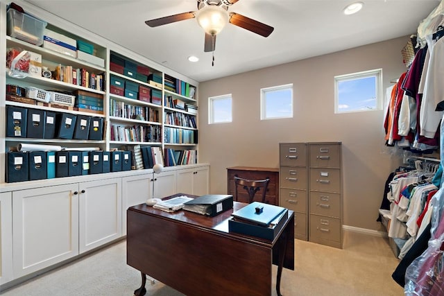 407 Bella Montagna Cir, Austin, TX 78734 - home office featuring light colored carpet, ceiling fan, and recessed lighting