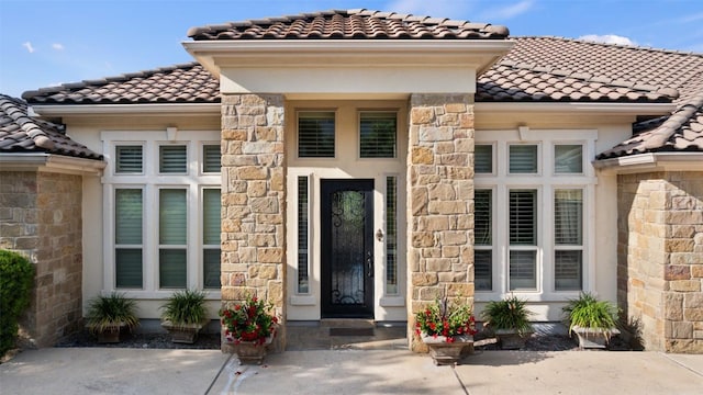 407 Bella Montagna Cir, Austin, TX 78734 - view of exterior entry with a tile roof, stone siding, and stucco siding