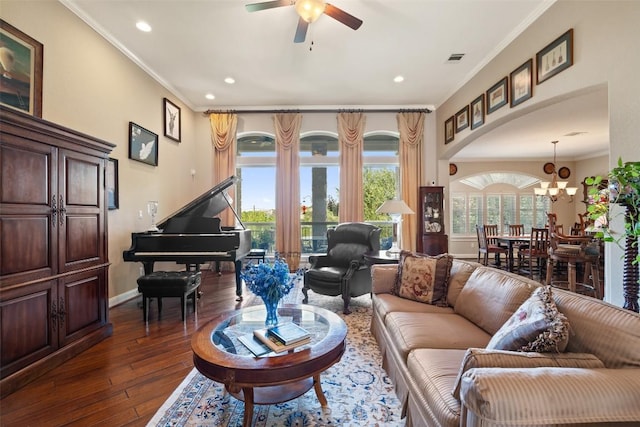 407 Bella Montagna Cir, Austin, TX 78734 - living room featuring a ceiling fan, ornamental molding, recessed lighting, dark wood-style flooring, and baseboards