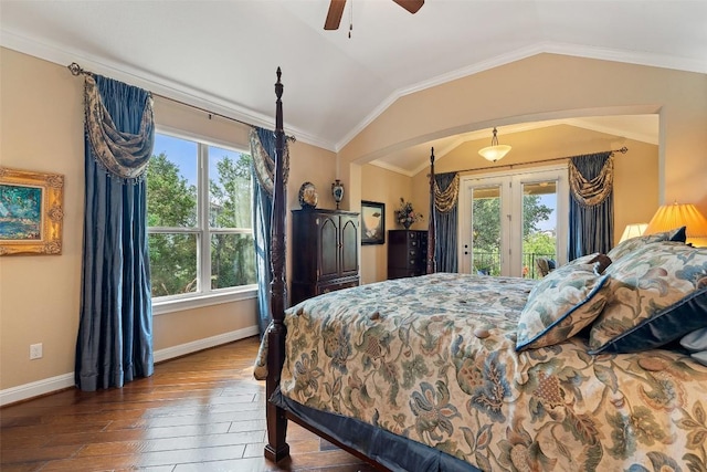 407 Bella Montagna Cir, Austin, TX 78734 - bedroom featuring access to outside, hardwood / wood-style flooring, baseboards, lofted ceiling, and a ceiling fan