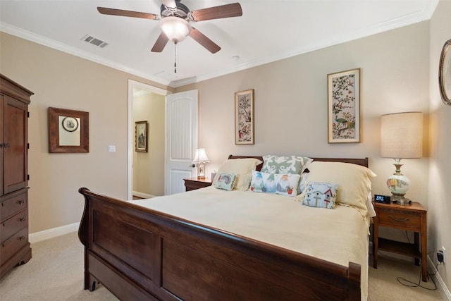407 Bella Montagna Cir, Austin, TX 78734 - bedroom featuring light carpet, baseboards, crown molding, and a ceiling fan