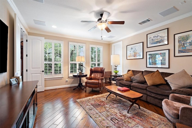 407 Bella Montagna Cir, Austin, TX 78734 - living room featuring dark wood finished floors, plenty of natural light, a ceiling fan, crown molding, and baseboards