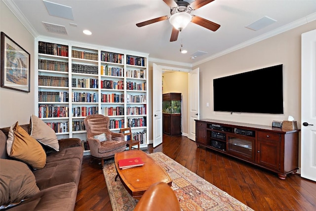 407 Bella Montagna Cir, Austin, TX 78734 - living room with ornamental molding, dark wood-style flooring, a ceiling fan, and recessed lighting