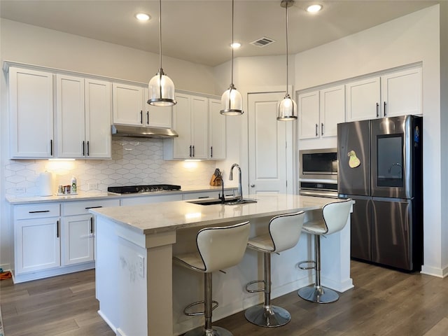 422 Billowing Way, Kyle, TX 78640 - kitchen featuring appliances with stainless steel finishes, a sink, under cabinet range hood, dark wood-type flooring, and white cabinetry