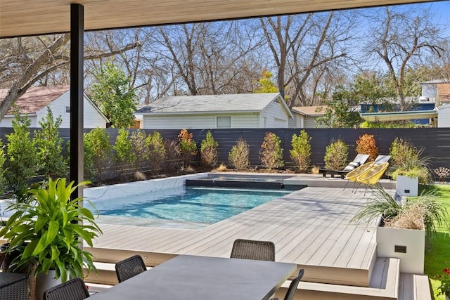 1102 Kinney Ave, Austin, TX 78704 - view of swimming pool with a fenced backyard, an outdoor hot tub, and a wooden deck
