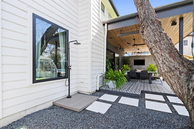 1102 Kinney Ave, Austin, TX 78704 - view of patio / terrace featuring a ceiling fan, a gazebo, and outdoor dining space