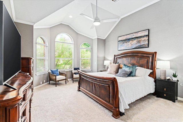 295 Desert Wilow Way, Austin, TX 78737 - bedroom with light colored carpet, lofted ceiling, ceiling fan, and ornamental molding