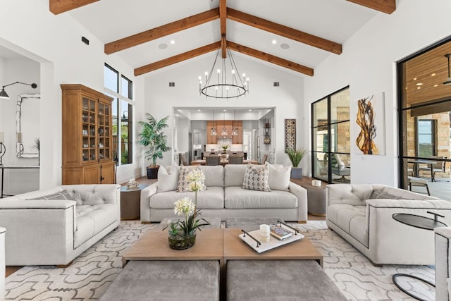 12625 Maidenhair Ln Unit 32, Austin, TX 78738 - living area with a chandelier, high vaulted ceiling, beam ceiling, healthy amount of natural light, and recessed lighting