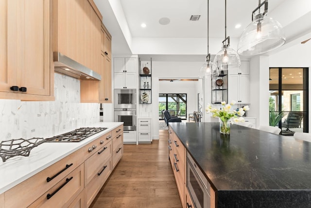 12625 Maidenhair Ln Unit 32, Austin, TX 78738 - kitchen with stainless steel appliances, wall chimney exhaust hood, wood finished floors, hanging light fixtures, and decorative backsplash