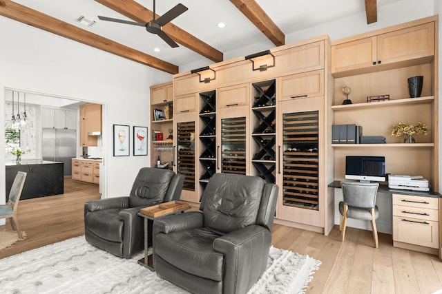 12625 Maidenhair Ln Unit 32, Austin, TX 78738 - sitting room with beam ceiling, ceiling fan, light wood-style flooring, a desk, and recessed lighting