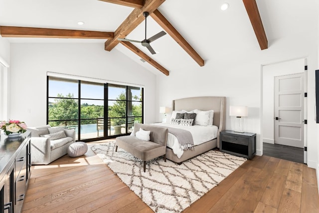 12625 Maidenhair Ln Unit 32, Austin, TX 78738 - bedroom with hardwood / wood-style flooring, access to exterior, recessed lighting, and a ceiling fan