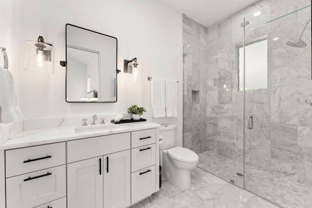 12625 Maidenhair Ln Unit 32, Austin, TX 78738 - bathroom featuring a marble finish shower, toilet, vanity, and marble look tile flooring