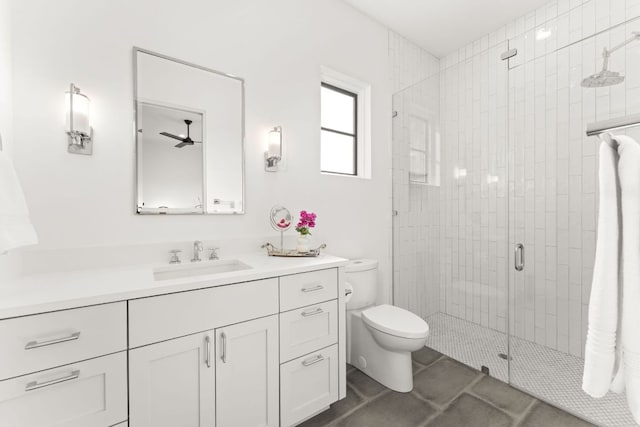 12625 Maidenhair Ln Unit 32, Austin, TX 78738 - full bathroom with vanity, toilet, a stall shower, and tile patterned flooring