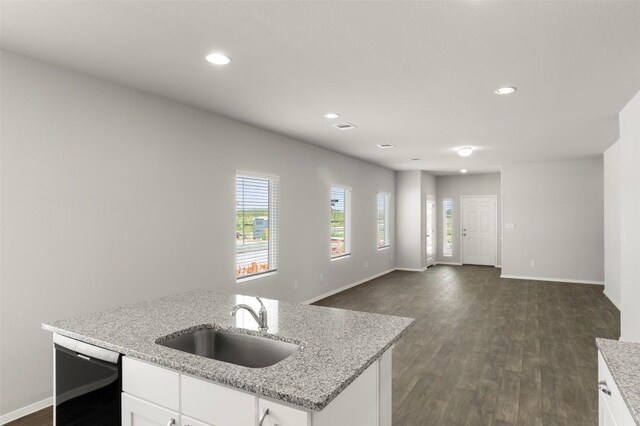 246 Barley Ln, Elgin, TX 78621 - kitchen with dishwasher, recessed lighting, dark wood finished floors, white cabinetry, and light stone countertops