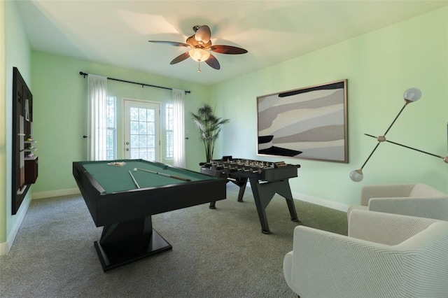 221 Mcgarity St, Kyle, TX 78640 - recreation room with billiards table, carpet floors, baseboards, and ceiling fan