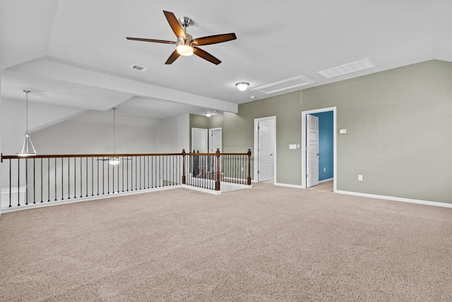 1913 Gabrielles Way, Manchaca, TX 78652 - carpeted empty room featuring attic access, ceiling fan, baseboards, and vaulted ceiling