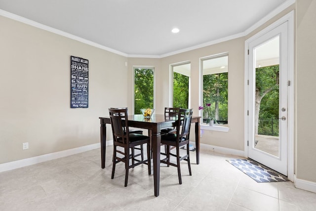 2337 Centennial Loop, Round Rock, TX 78665 - dining area with crown molding, baseboards, light tile patterned floors, and recessed lighting