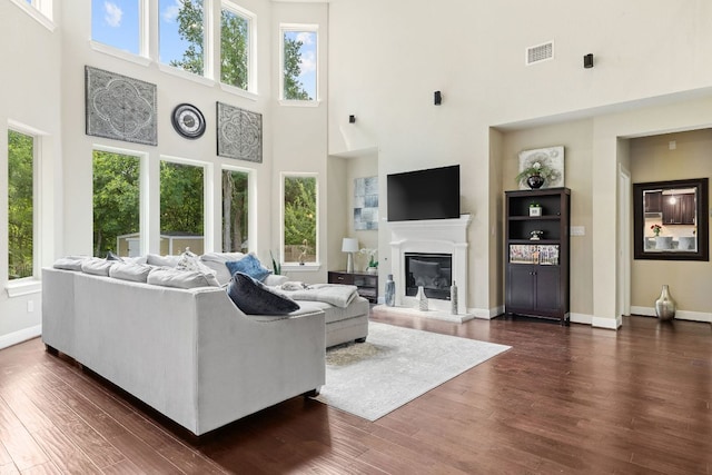 2337 Centennial Loop, Round Rock, TX 78665 - living room with a towering ceiling, healthy amount of natural light, dark wood-type flooring, and baseboards
